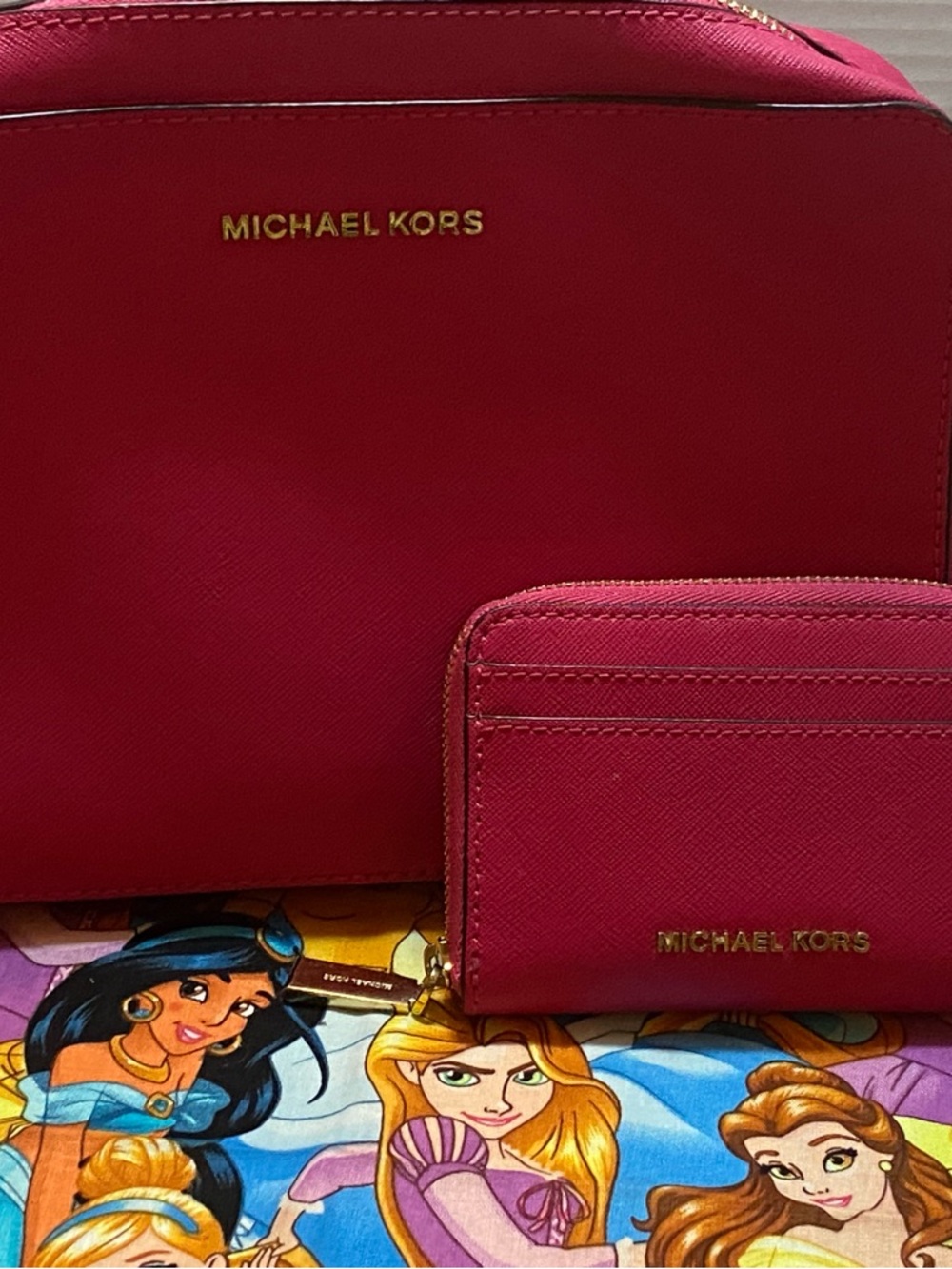 Michael Kors Pink Saffiano Cosmetic Pouch with Matching wallet